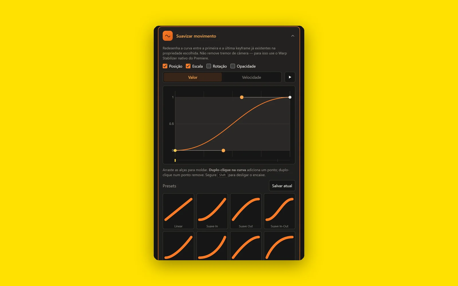 Painel Ragazzo Editor: Efeitos na seção Suavizar movimento, com o editor de curvas (dados de exemplo)